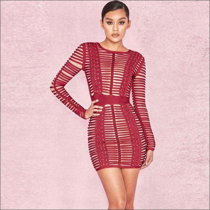 Winnal Sexy Bodycon Dress Night Party Club Long Sleeve Women Summer Red Woven Cage Mesh Bandage Rayon