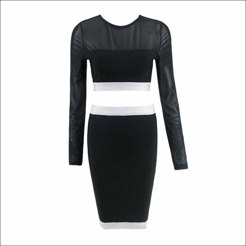 Winnal Sexy Long Sleeve Transparent Top Skirt 2pcs Set Patchwork Bodycon Celebrity Bandage Slim Cut Clubwear