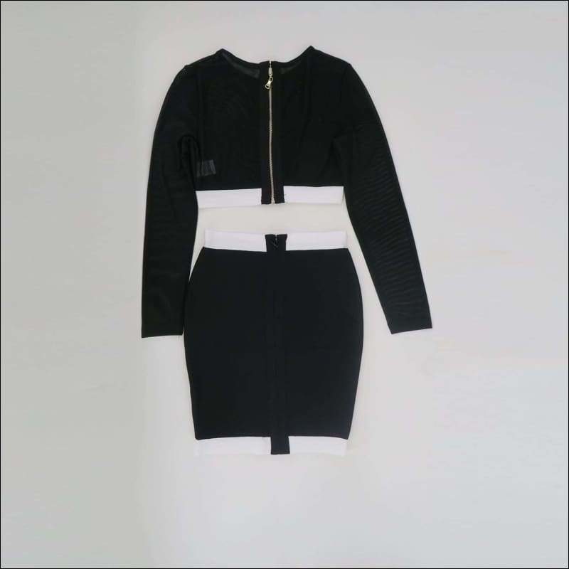 Winnal Sexy Long Sleeve Transparent Top Skirt 2pcs Set Patchwork Bodycon Celebrity Bandage Slim Cut Clubwear