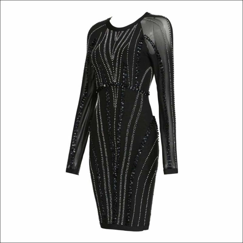 Winnal Sexy Mesh Spicing Long Sleeve Round Neck Bodycon Dress With Hand Made Pearl Beading Overall