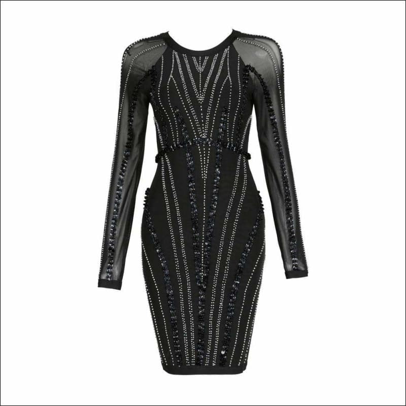 Winnal Sexy Mesh Spicing Long Sleeve Round Neck Bodycon Dress With Hand Made Pearl Beading Overall