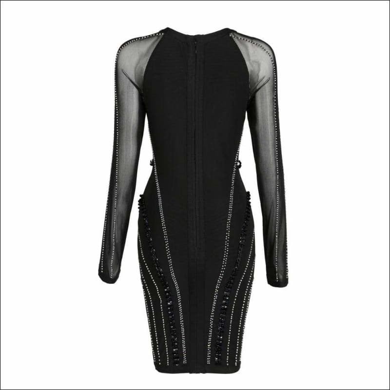 Winnal Sexy Mesh Spicing Long Sleeve Round Neck Bodycon Dress With Hand Made Pearl Beading Overall