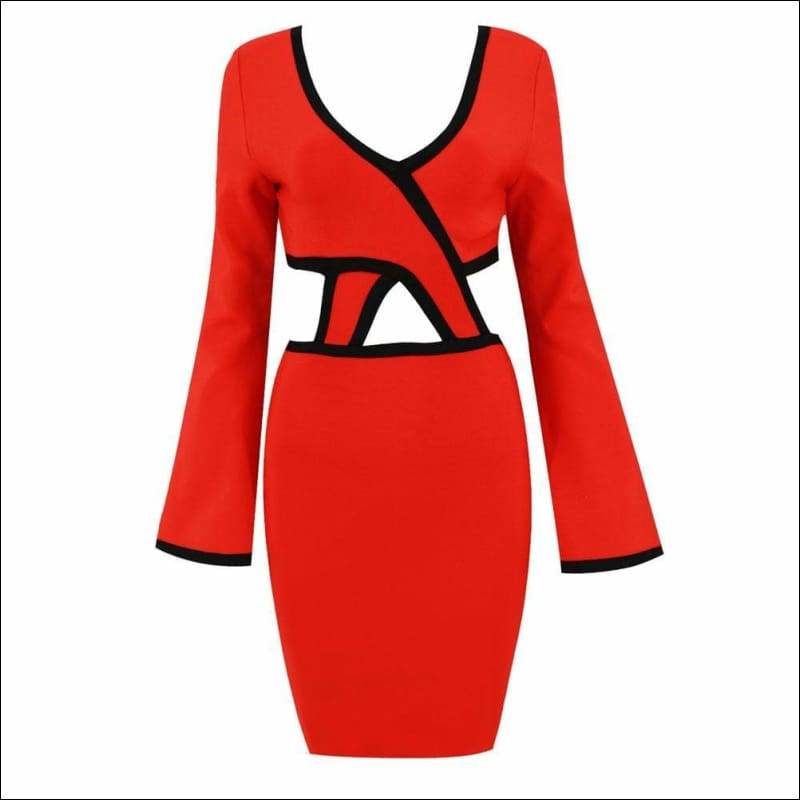 Winnal Sexy Plunge V-Neck Crisscross Cutout Front Long Sleeve Two tone Midi Bodycon Dress