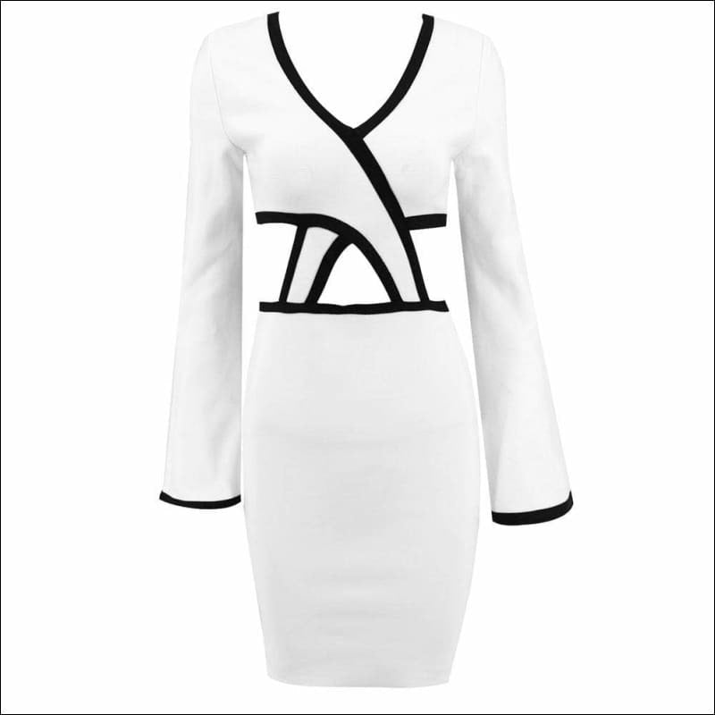 Winnal Sexy Plunge V-Neck Crisscross Cutout Front Long Sleeve Two tone Midi Bodycon Dress