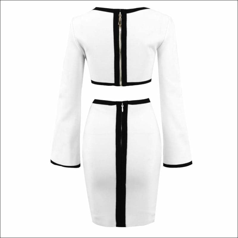 Winnal Sexy Plunge V-Neck Crisscross Cutout Front Long Sleeve Two tone Midi Bodycon Dress