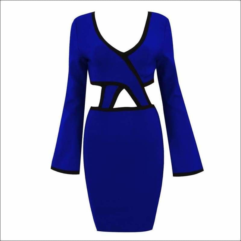 Winnal Sexy Plunge V-Neck Crisscross Cutout Front Long Sleeve Two tone Midi Bodycon Dress