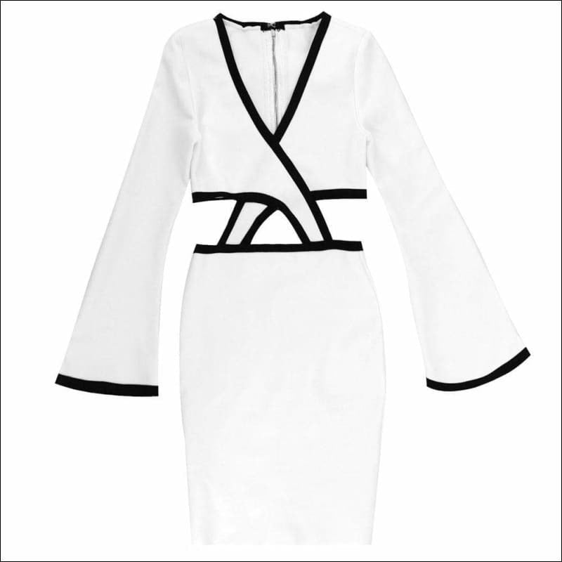 Winnal Sexy Plunge V-Neck Crisscross Cutout Front Long Sleeve Two tone Midi Bodycon Dress