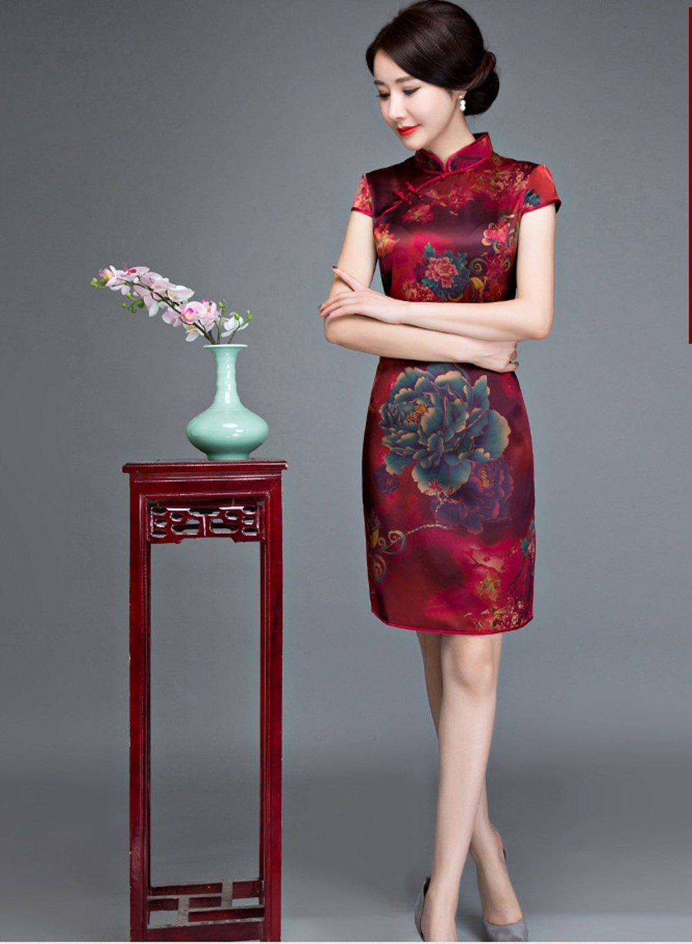 Winnal Textured Floral Silk Cheongsam Dress Red