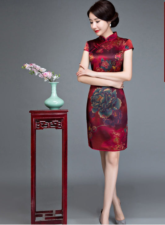 Winnal Textured Floral Silk Cheongsam Dress Red
