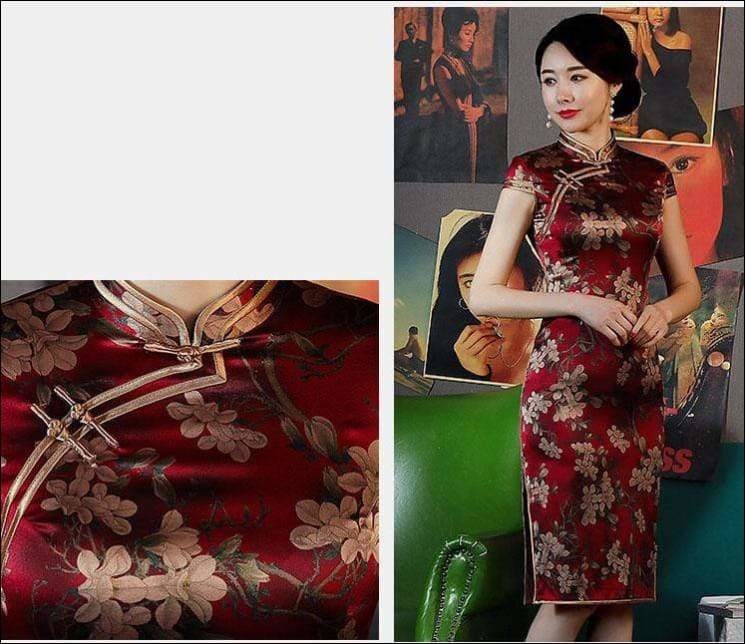 Winnal Two Layer Real Silk Mandarin Collar Cheongsam Long Chinese Qipao Dress