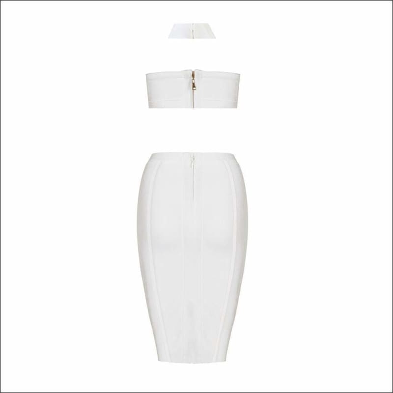 Winnal White Bodycon Dress Solid Color 2 Piece Set Women Sexy Chest Wrapped Club Sleeveless With Choker Collar