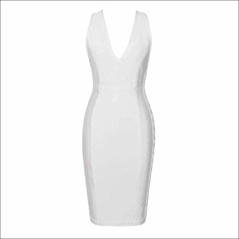 Winnal White Bodycon Dress with Deep V Neck Side Loop Sexy Party Holiday