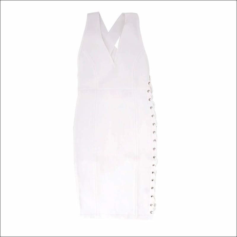 Winnal White Bodycon Dress with Deep V Neck Side Loop Sexy Party Holiday