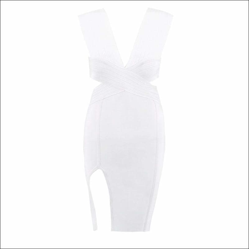 Winnal White Sleeveless Halter Cut-Out Crossed Side Slit Midi Bodycon Dress