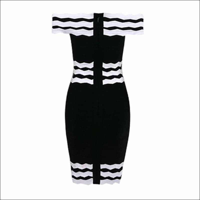 Winnal Women Black And White Contrast Wave Stripe Off Shoulder Ruffles Bodycon Midi Dress
