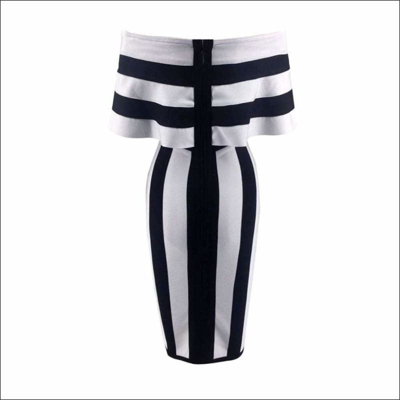 Winnal Women Black And White Stripe Off Shoulder Ruffles Bodycon Midi Dress