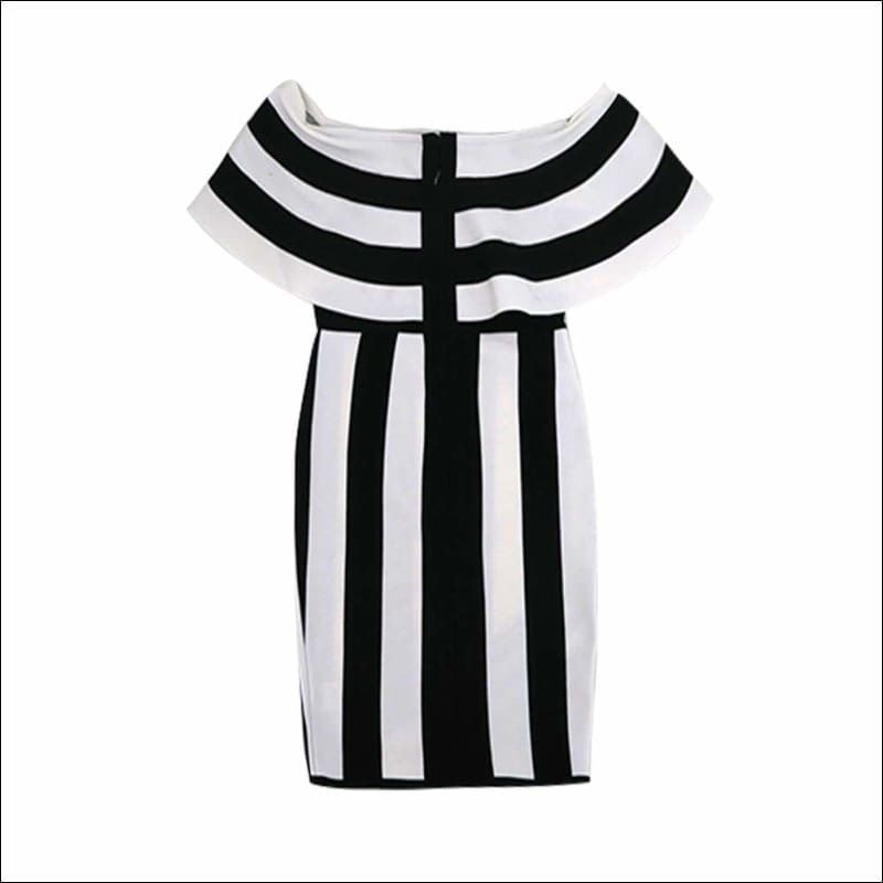 Winnal Women Black And White Stripe Off Shoulder Ruffles Bodycon Midi Dress