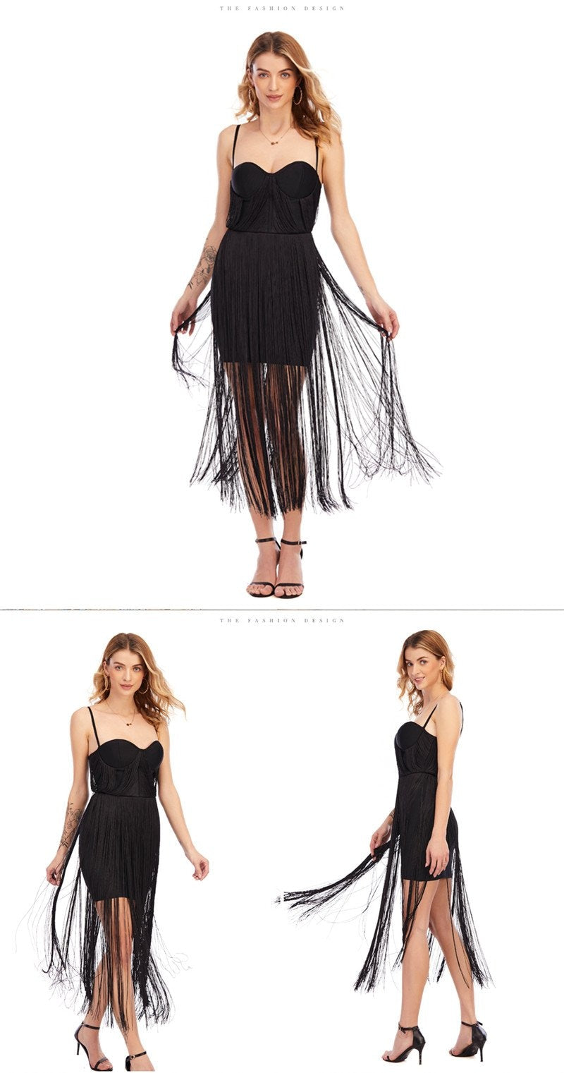 Winnal Women’s Celebrity Sexy Bandage Dress Slim Tassel Design Mid-Length Skirt For Women