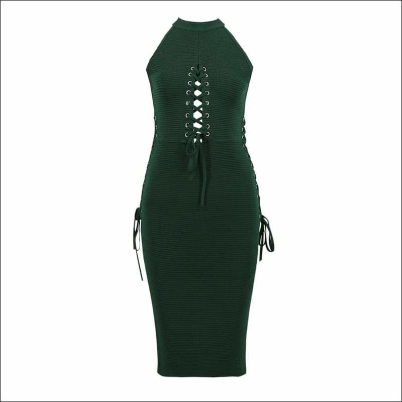 Winnal Women’s Hanging Neck Hollow Out Cross Halter Lace Up Detail Midi Bandage Sexy Party Dresses Green