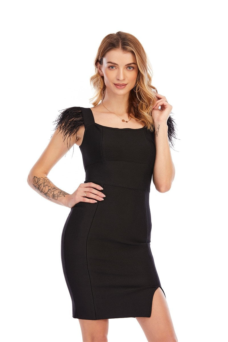 Winnal Women’s One-step Dress Side Split,Long With Fur Shoulder Retro Black A-Line