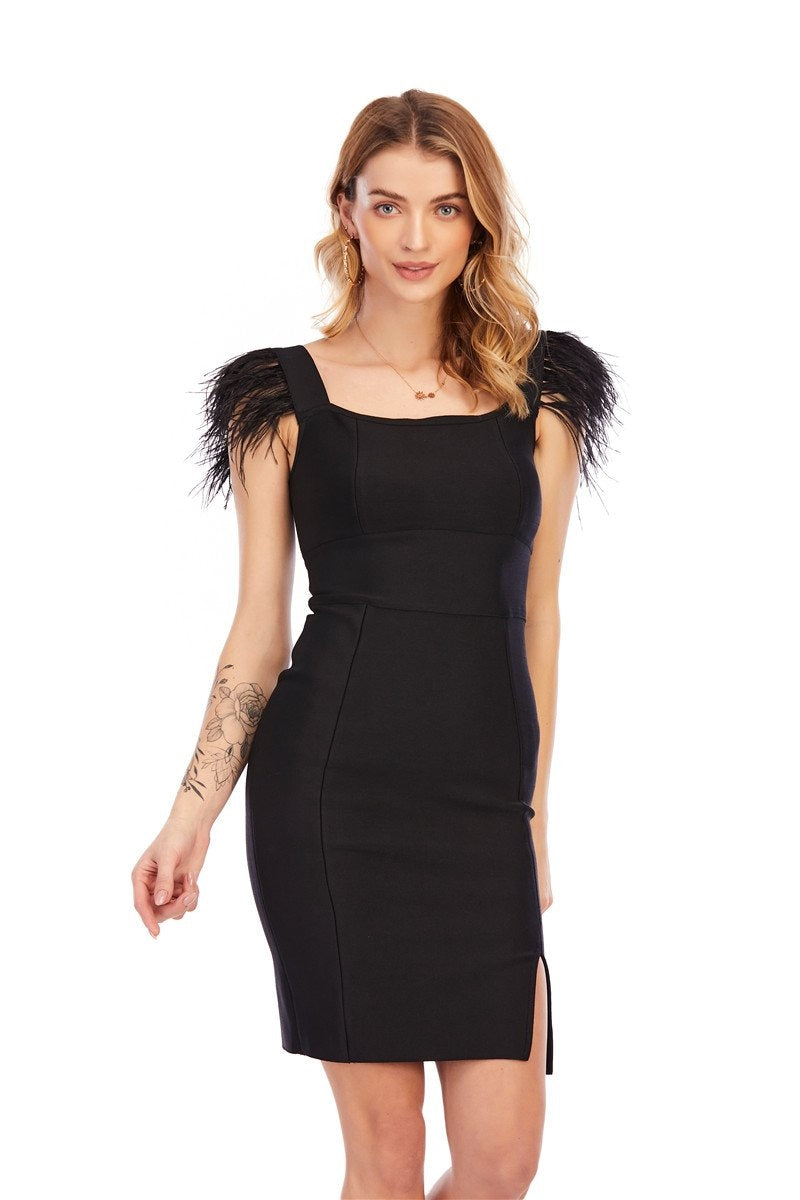 Winnal Women’s One-step Dress Side Split,Long With Fur Shoulder Retro Black A-Line