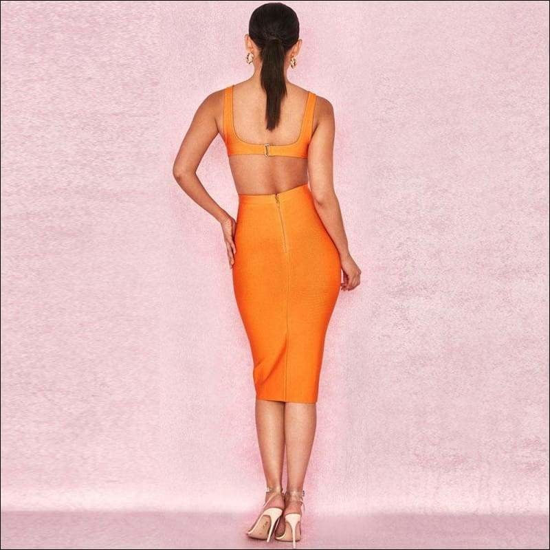 Winnal Women’s Orange Ruched Strappy Plunging Bodycon Midi Dress