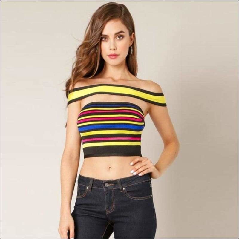 Winnal Women’s Rainbow Striped Off Shuolder Bandage Bardot Neck Crop Tops