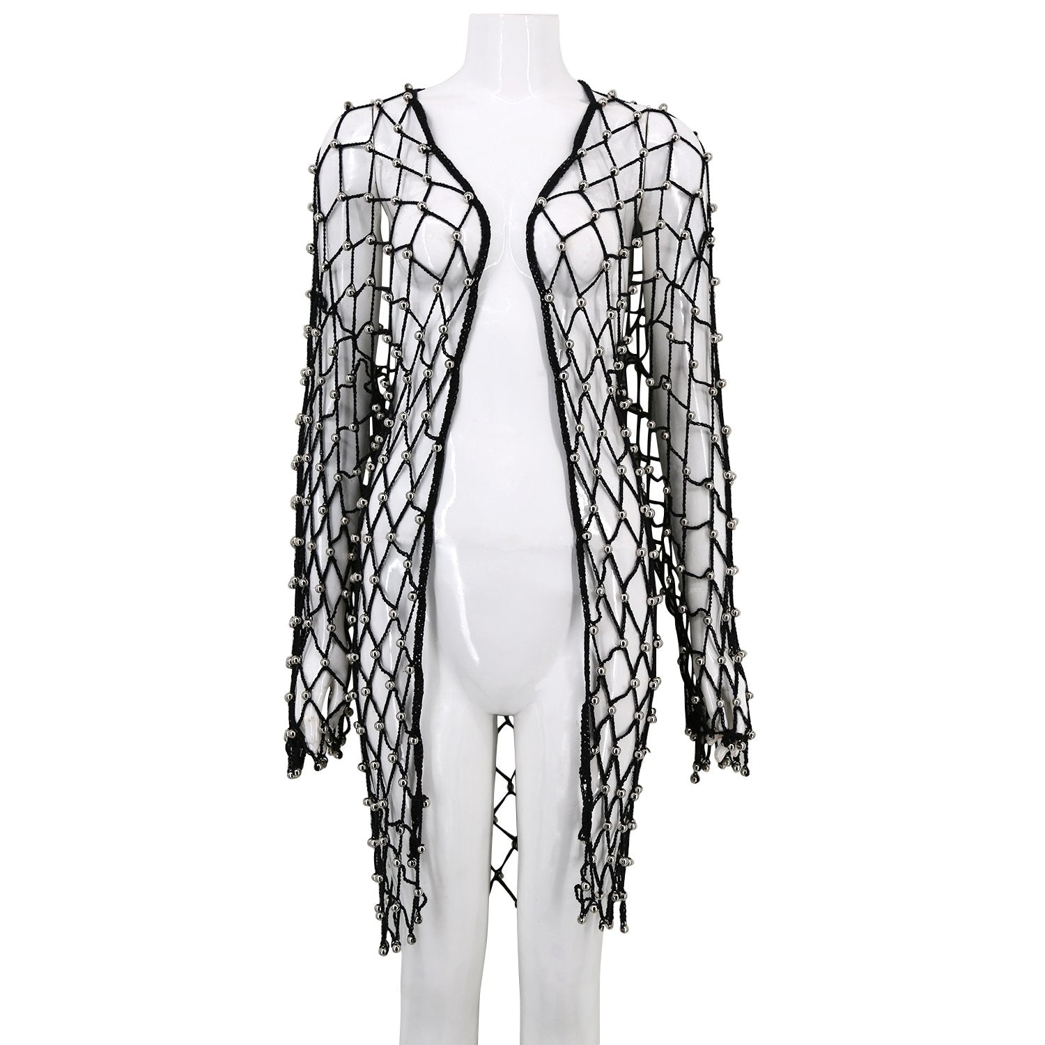 Winnal Women’s Sexy Beaded Cover Up Jacket Knitted Grid Long Coat
