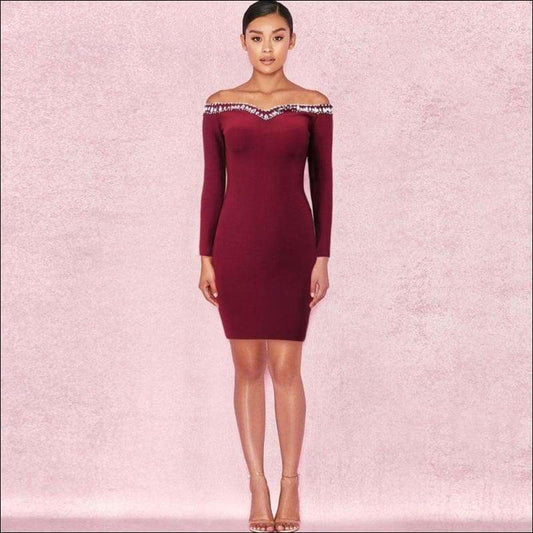 Winnal Women’s Sexy Club Bodycon Dress Long Sleeve V Neck Strapless Midi Bandage Skirt Elegant Ladies Slim With Crystal Detailling