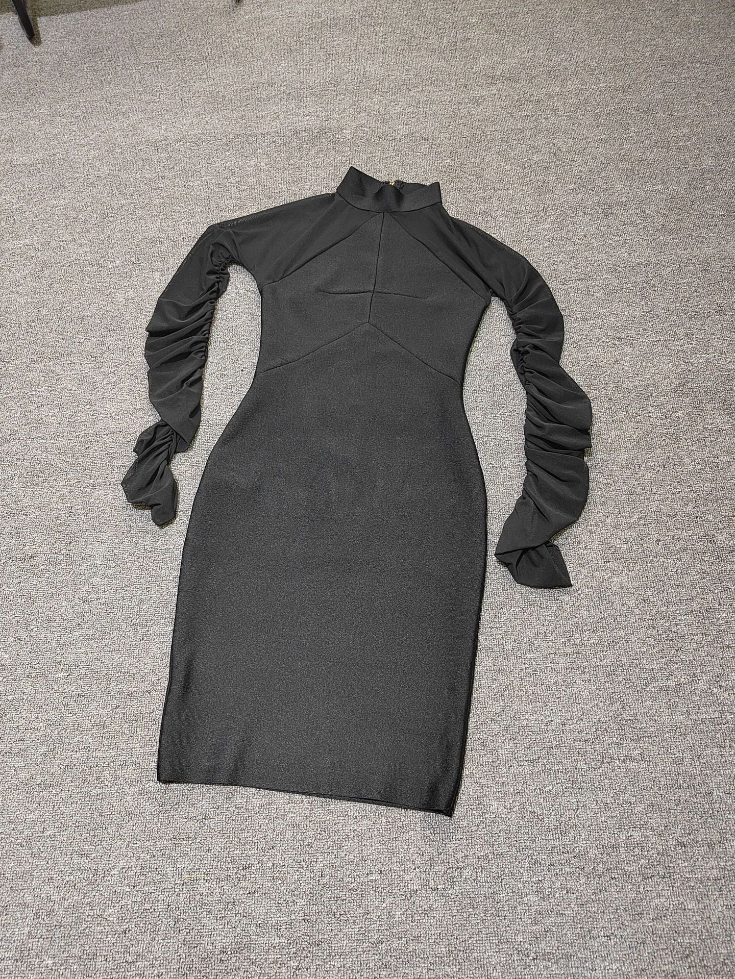 Women See Through Ruched Mesh Bodycon Dress Long Sleeve Back Zip Bodysuit