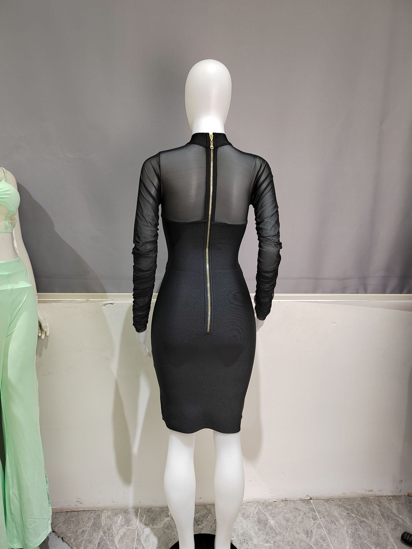 Women See Through Ruched Mesh Bodycon Dress Long Sleeve Back Zip Bodysuit