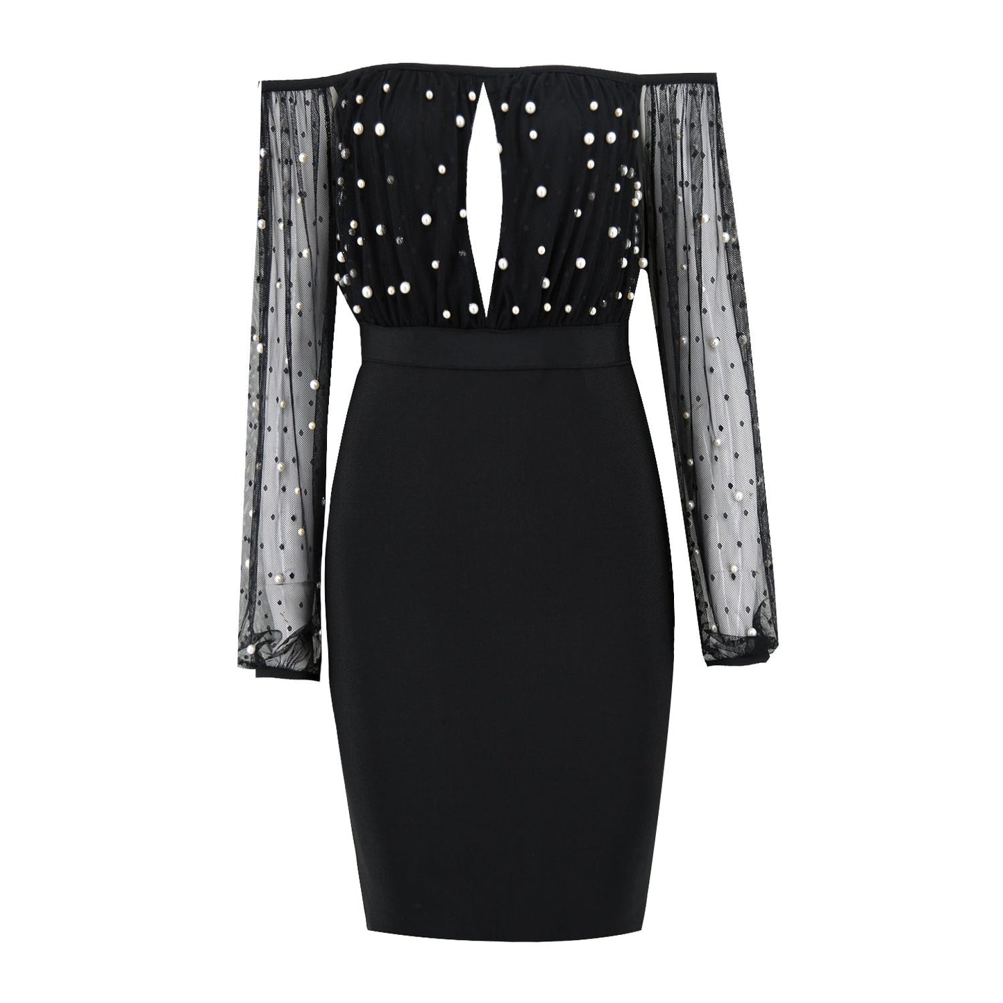 Women Sexy Mesh Tops Studded Diamond & Pearls Hollow Out See Through Sleeves Bandage Skirt
