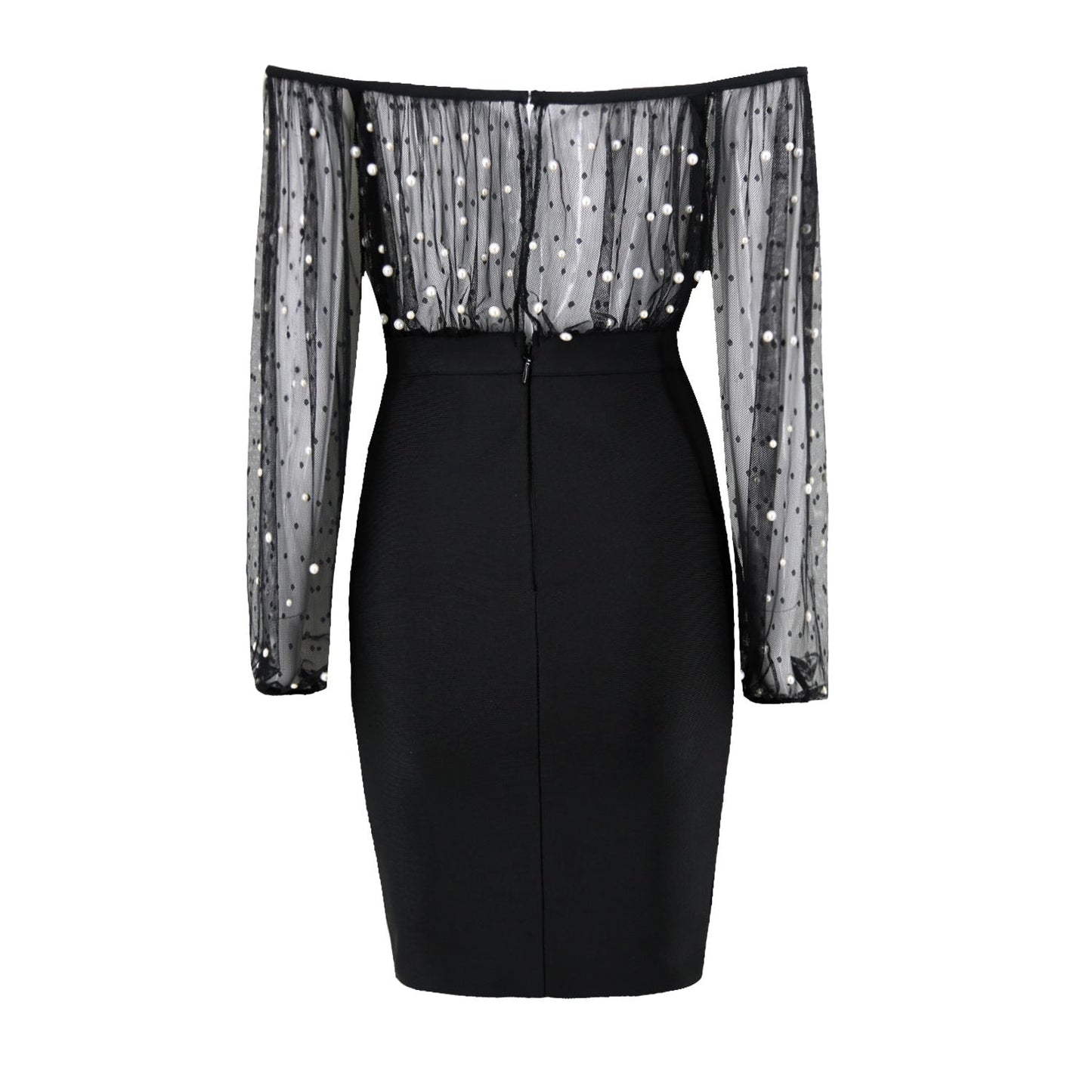 Women Sexy Mesh Tops Studded Diamond & Pearls Hollow Out See Through Sleeves Bandage Skirt