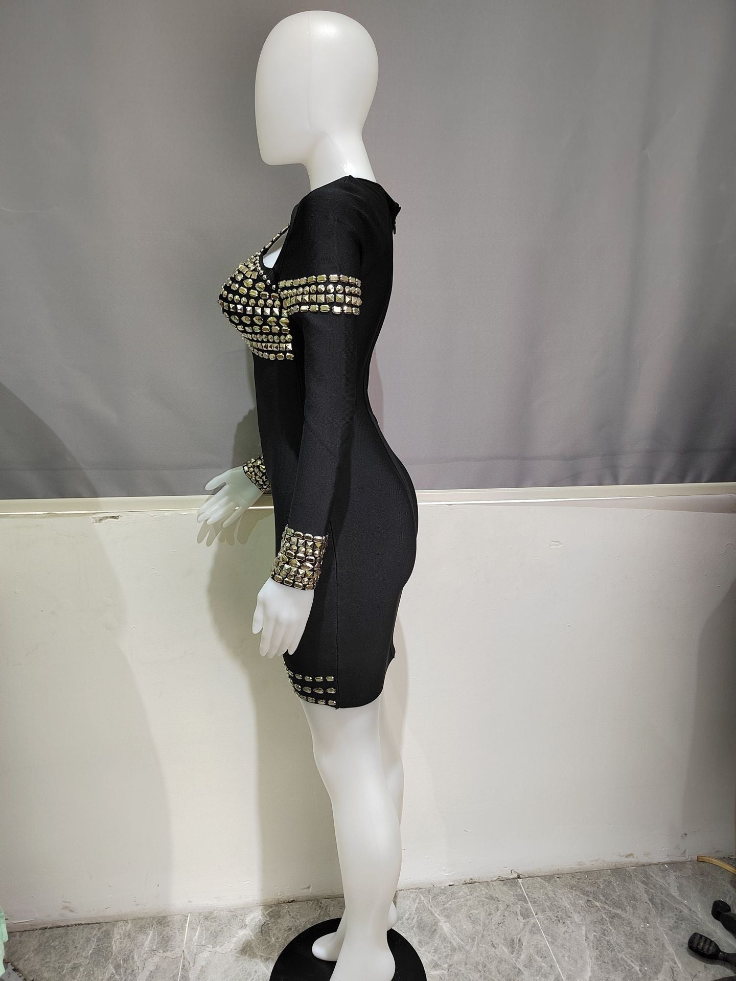 Women Studded Long Sleeve Bandage Midi Dress