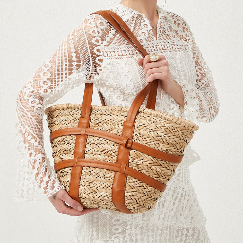 Womens Caged PU Leather-Trim Raffia Basket Bag