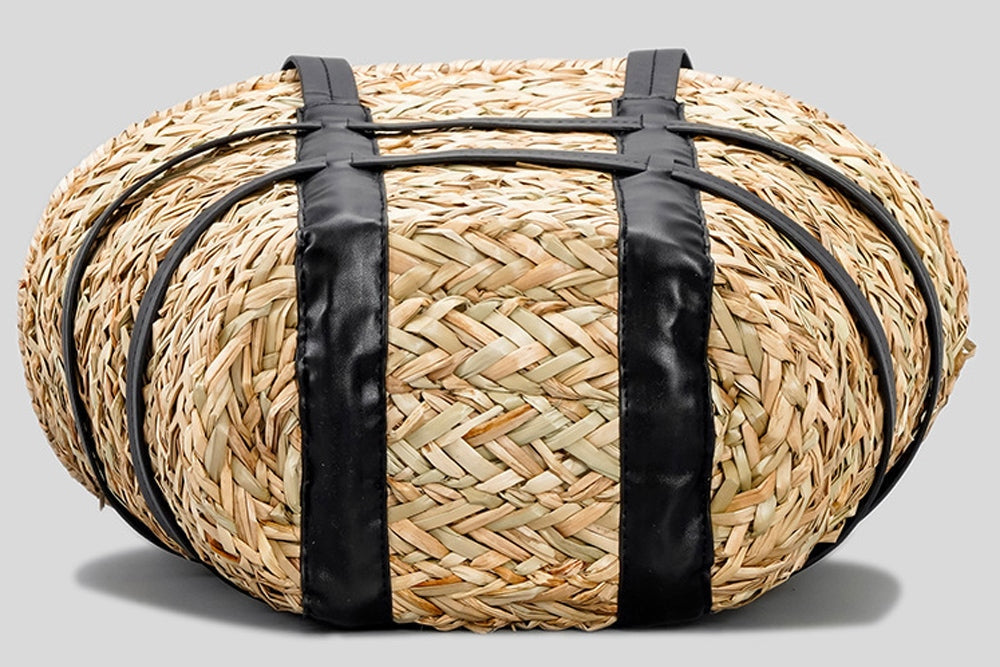 Womens Caged PU Leather-Trim Raffia Basket Bag