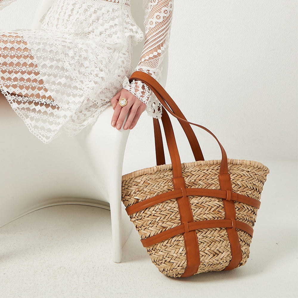 Womens Caged PU Leather-Trim Raffia Basket Bag