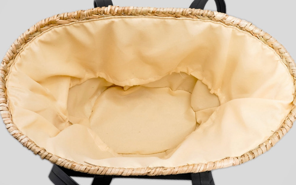 Womens Caged PU Leather-Trim Raffia Basket Bag