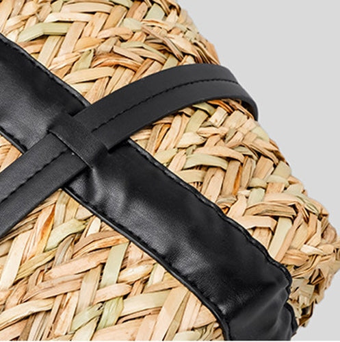 Womens Caged PU Leather-Trim Raffia Basket Bag