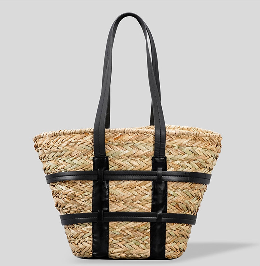 Womens Caged PU Leather-Trim Raffia Basket Bag