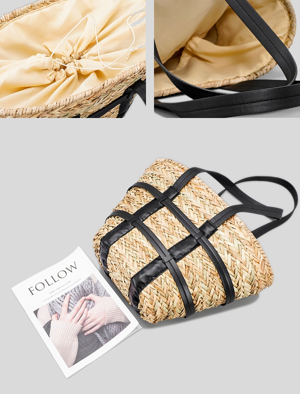 Womens Caged PU Leather-Trim Raffia Basket Bag