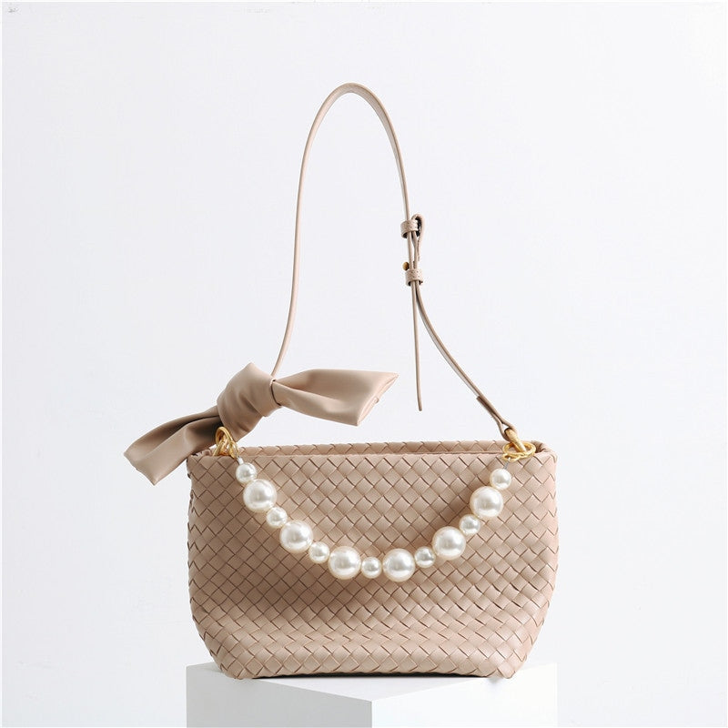 Womens Leather Woven Pearl Handle Shoulder Bag