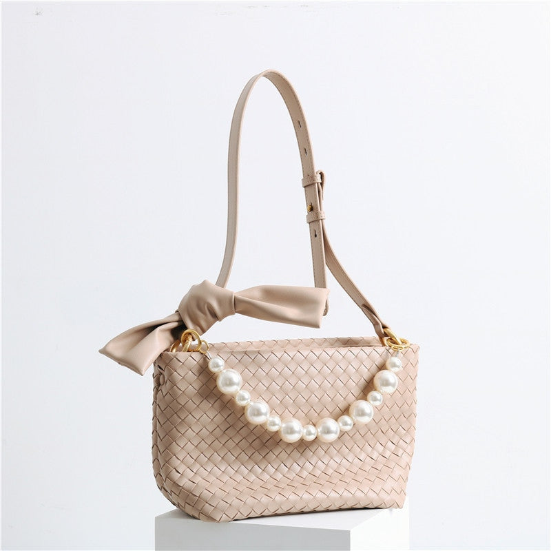 Womens Leather Woven Pearl Handle Shoulder Bag