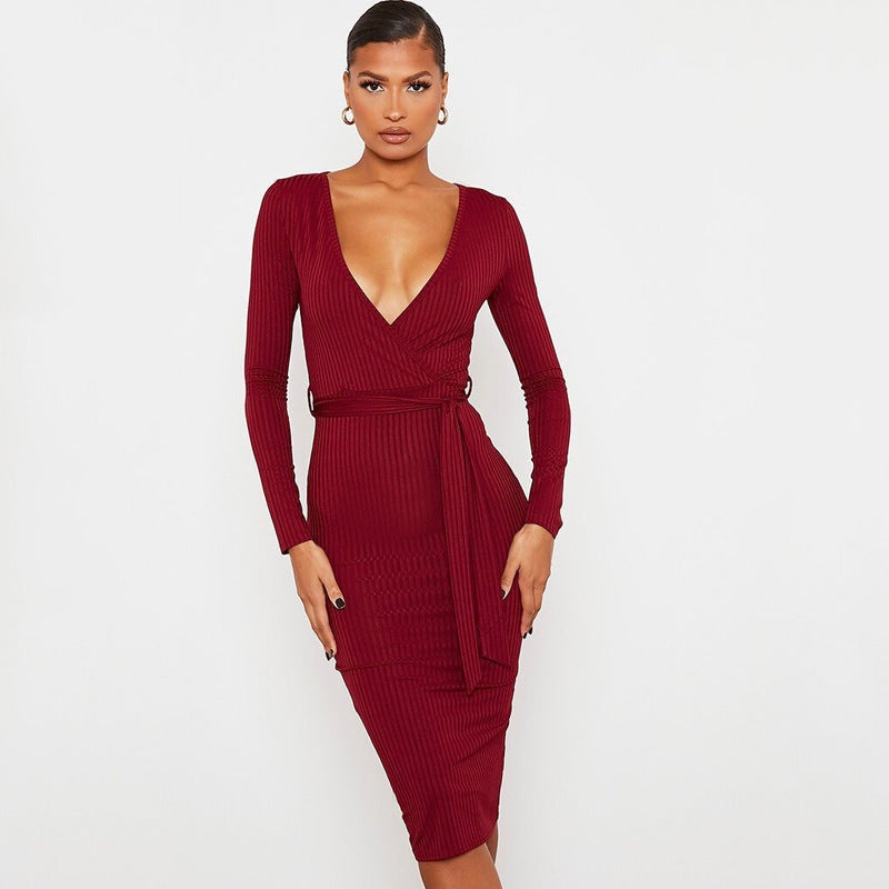 Women’s Long Sleeve Deep V Neck Draped Knee Length Bodycon Bandage Dress