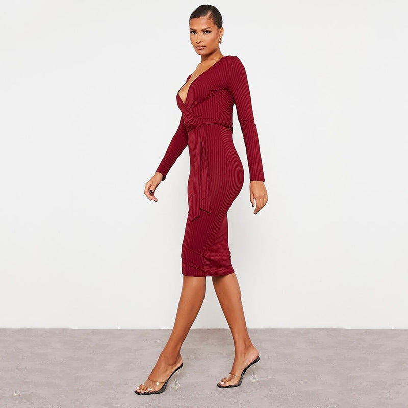 Women’s Long Sleeve Deep V Neck Draped Knee Length Bodycon Bandage Dress