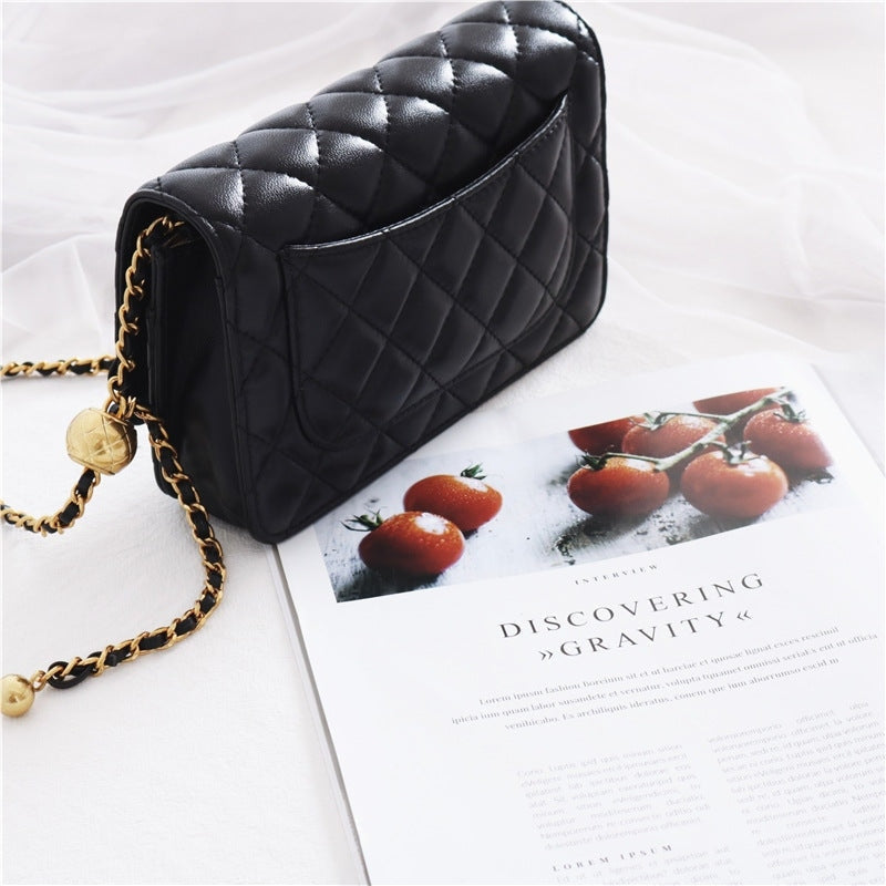 Women’s Mini Quilted Leather Shoulder Cross Body Clutch Bag With Ball Chain