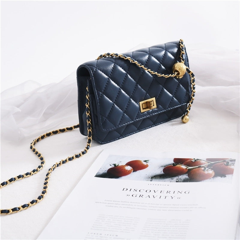 Women’s Mini Quilted Leather Shoulder Cross Body Clutch Bag With Ball Chain