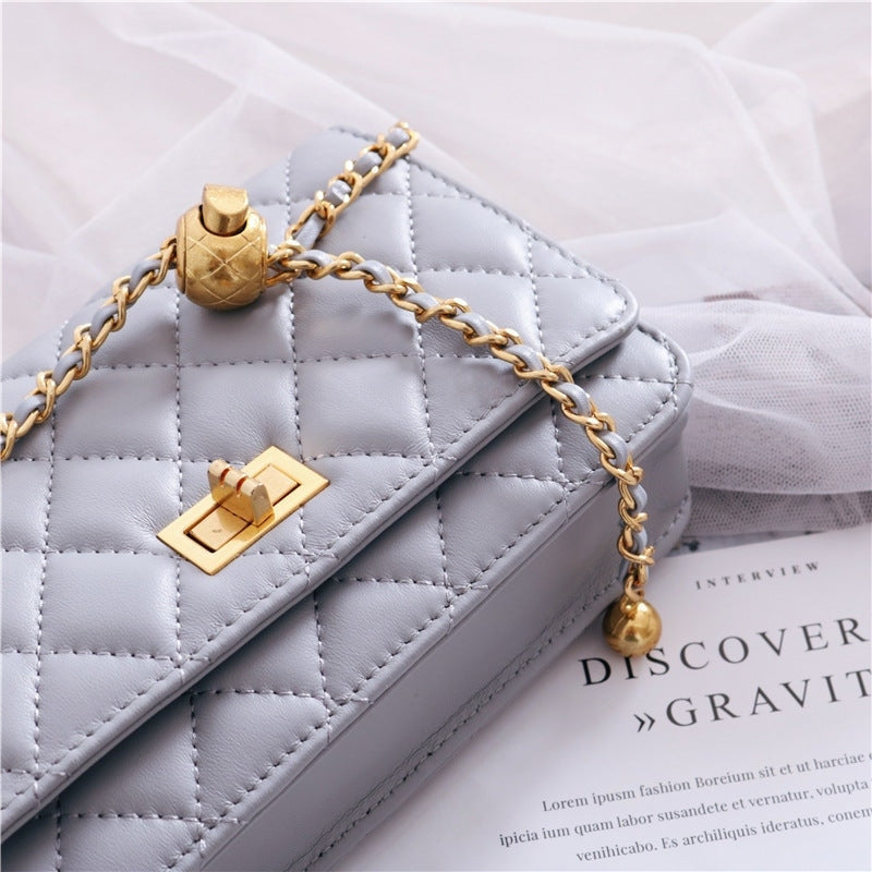 Women’s Mini Quilted Leather Shoulder Cross Body Clutch Bag With Ball Chain