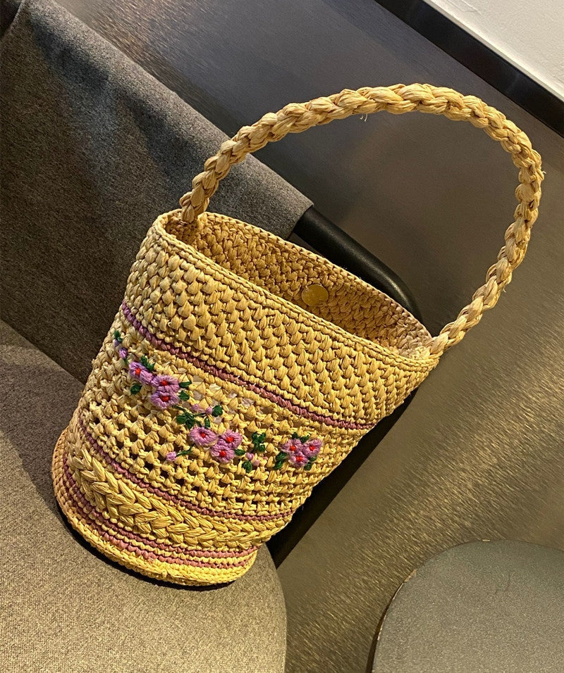 Women’s Straw Bag Medium Raffia Flower Woven Bucket Basket